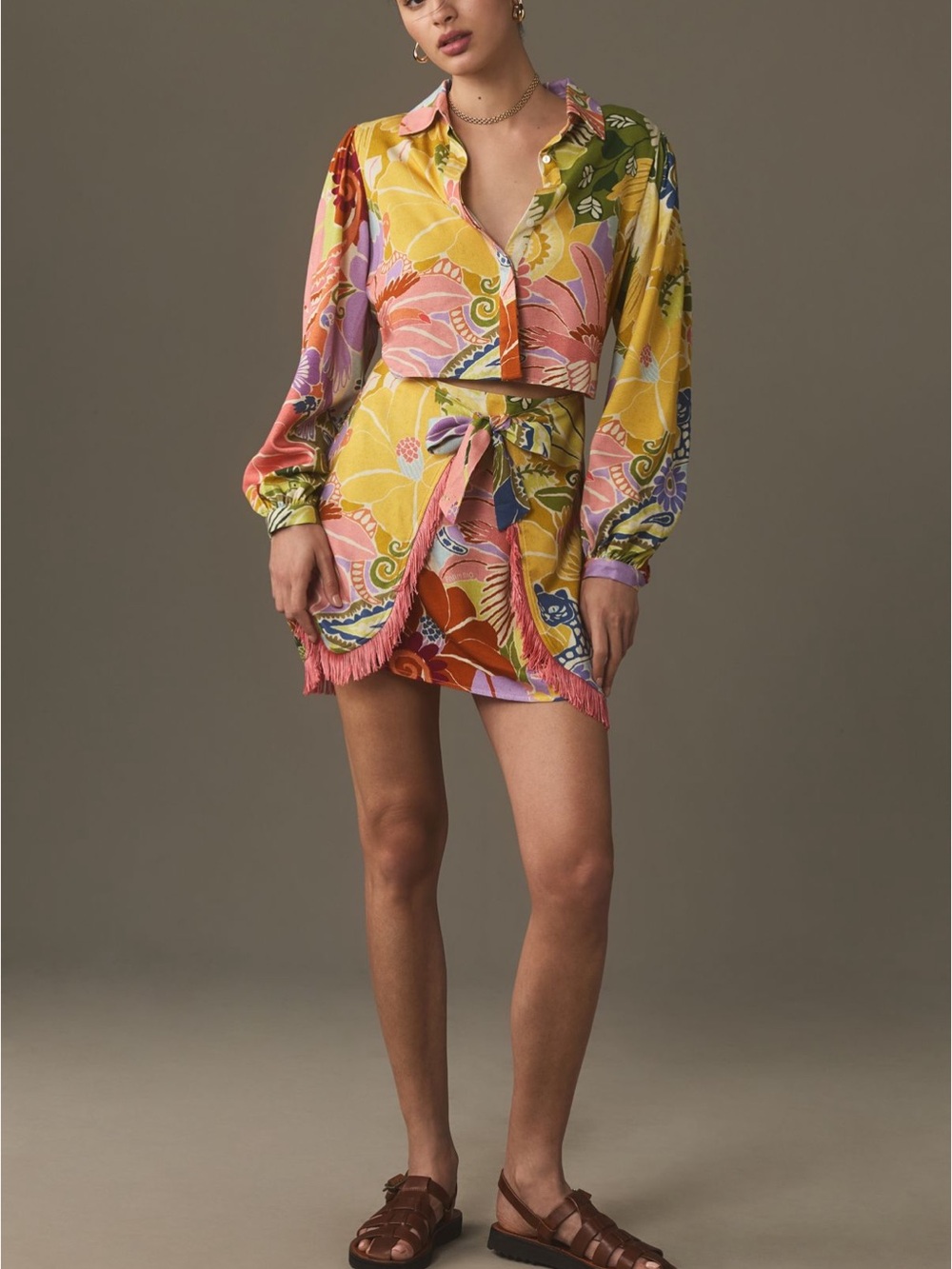 Farm Rio Floral Print Tie-Waist Mini Dress in Yellow and Pink